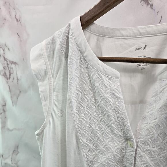 J Jill Tank Top Womens Large Tall White Tank Button Up Tonal Embroidered Tunic - Picture 2 of 10